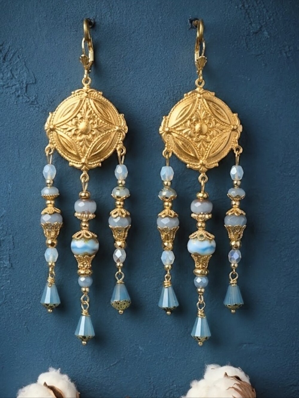 Victorian Festive Chandeliers Liquid Aqua Blue In Long Handmade Artisan Earrings